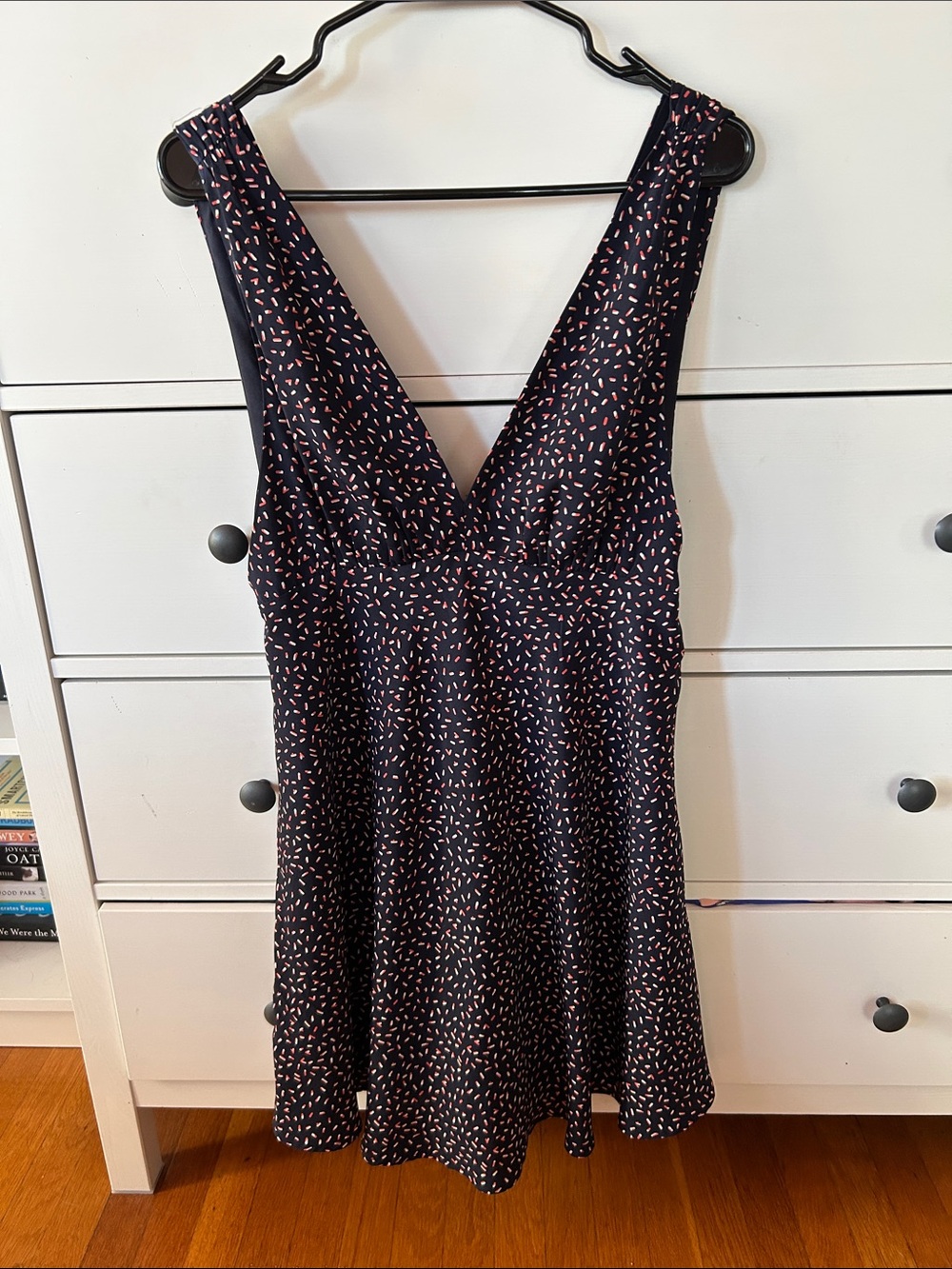 V-Neck and Back Navy Blue Dress with Pink and White Confetti Print
